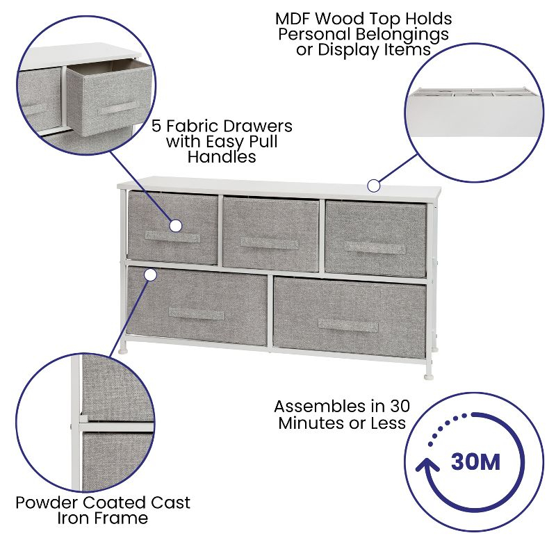 Flash Furniture 5 Drawer Wood Top White Cast Iron Frame Vertical Storage Dresser with Light Gray Easy Pull Fabric Drawers