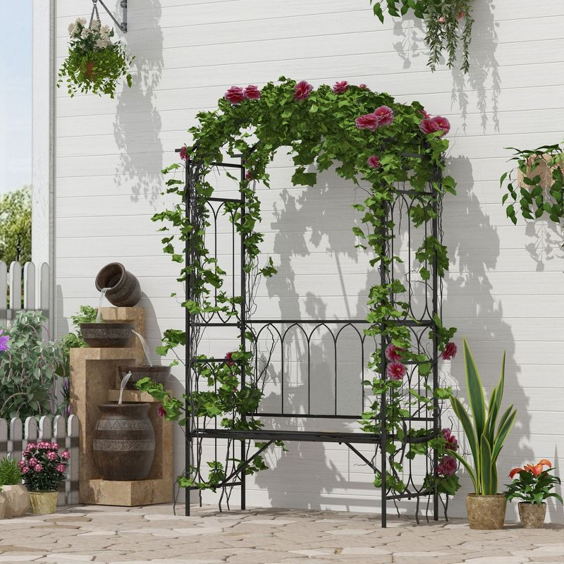Outsunny Metal Trellis Arbor Arch for Climbing Plants with Garden Bench, Grow Grapes & Vines, Decorative Seating, 484 lbs. Weight Capacity, Black