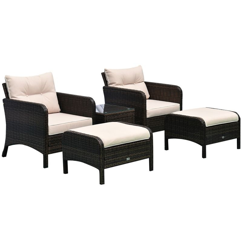 Outsunny 5 Piece Rattan Wicker Lounge Chair, Outdoor Patio Conversation Set with 2 Cushioned Chairs, 2 Ottomans & Top Coffee Table, Brown