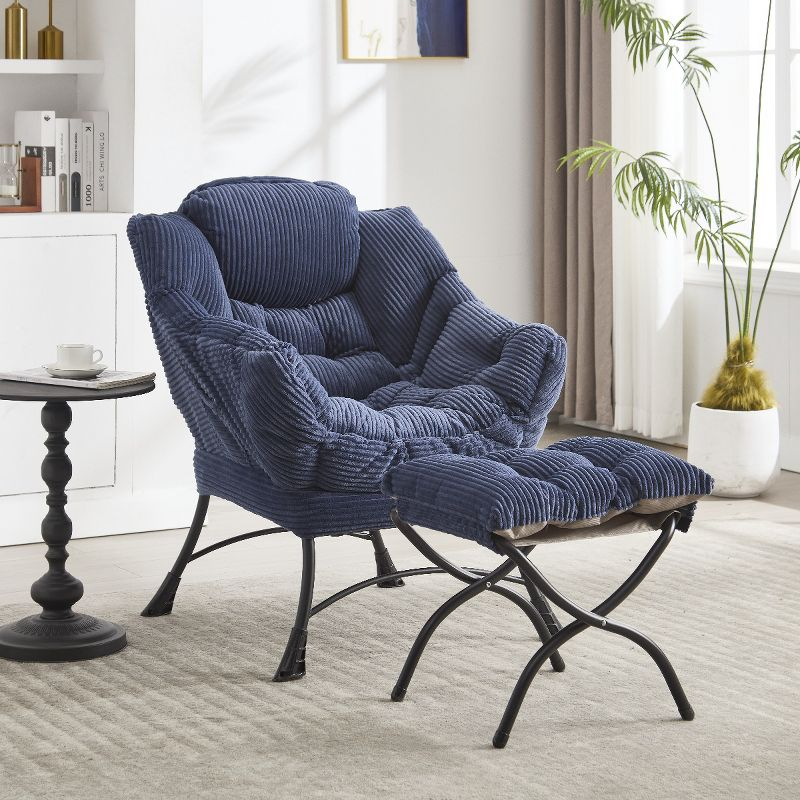 Modern Lazy Chair with Ottoman, Accent Chair with Armrests and a Side Pocket, Blue Cotton Reading Chair with Footrest-Coolbibila