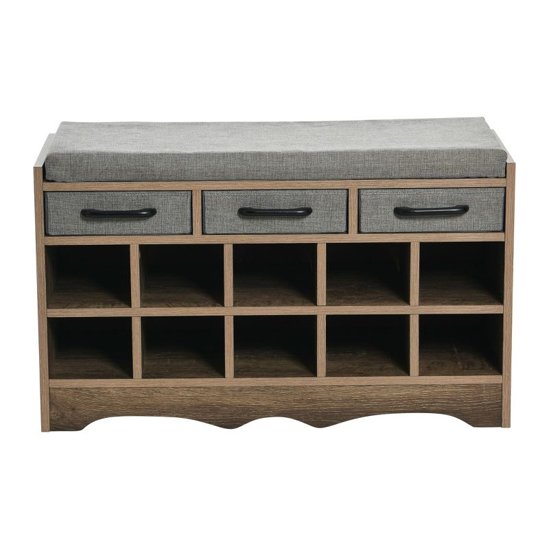 Household Essentials Entryway Storage Bench with 3 Grey Drawers 10 Shoe Compartments and Cushioned Seat in Ashwood Rustic Wood Grain