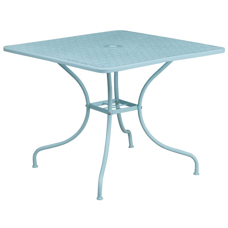 Flash Furniture Oia Commercial Grade 35.5" Square Sky Blue Indoor-Outdoor Steel Patio Table with Umbrella Hole