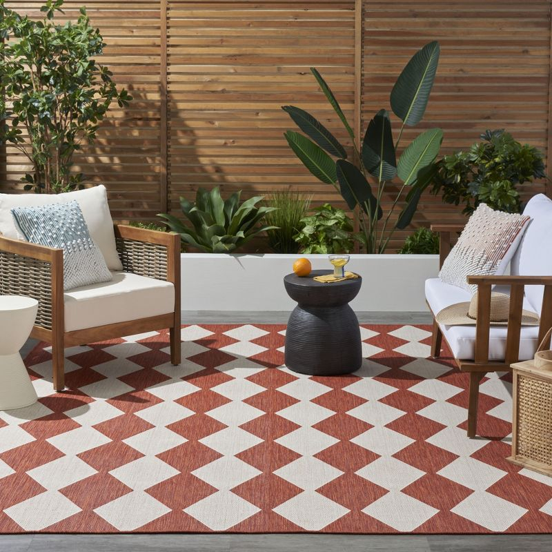 Nourison Positano Retro Diamond Flatweave Indoor Outdoor Low Pile Area Rug Terracotta 7' x 10'