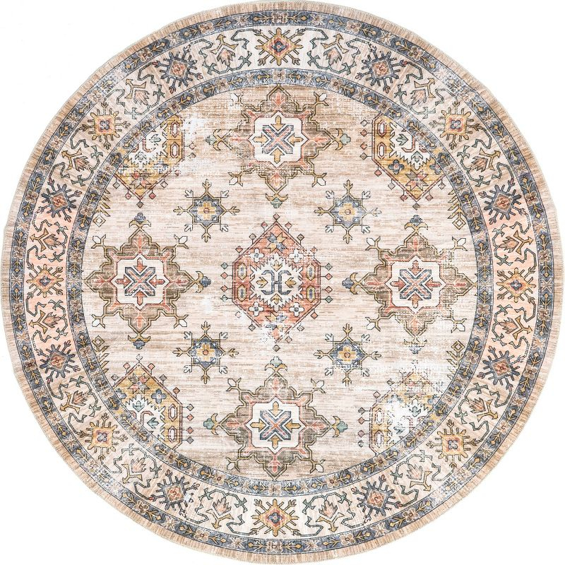 Nuloom Finley Medallion 6 Round Machine Washable Indoor Area Rug for Living Room Bedroom Dining Room Kitchen, Beige/Ivory