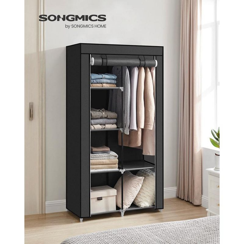 SONGMICS Portable Closet, Clothes Storage Organizer with 6 Shelves, 1 Clothes Hanging Rail, Non-Woven Fabric Closet, Black
