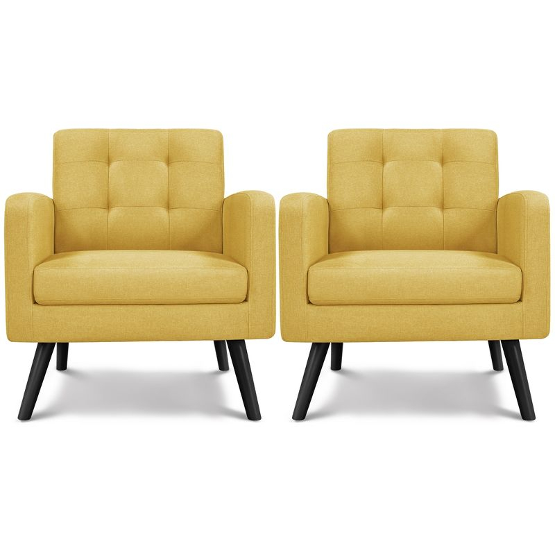 Yaheetech Set of 2 Mid Century Tufted Back Accent Arm Chair with Rubberwood Legs, Yellow