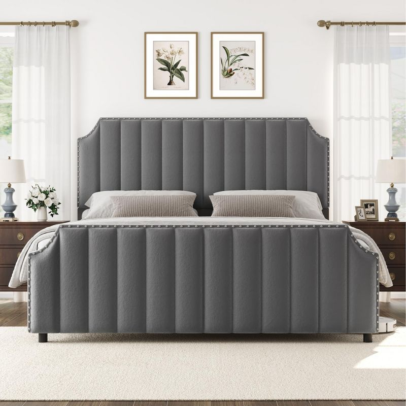 Garvee Queen Velvet Bed Frame, 50.2" Upholstered Headboard, Footboard with Nailhead Trim, No Box Spring Needed, Solid Wood Slats, Noise Free, Beige