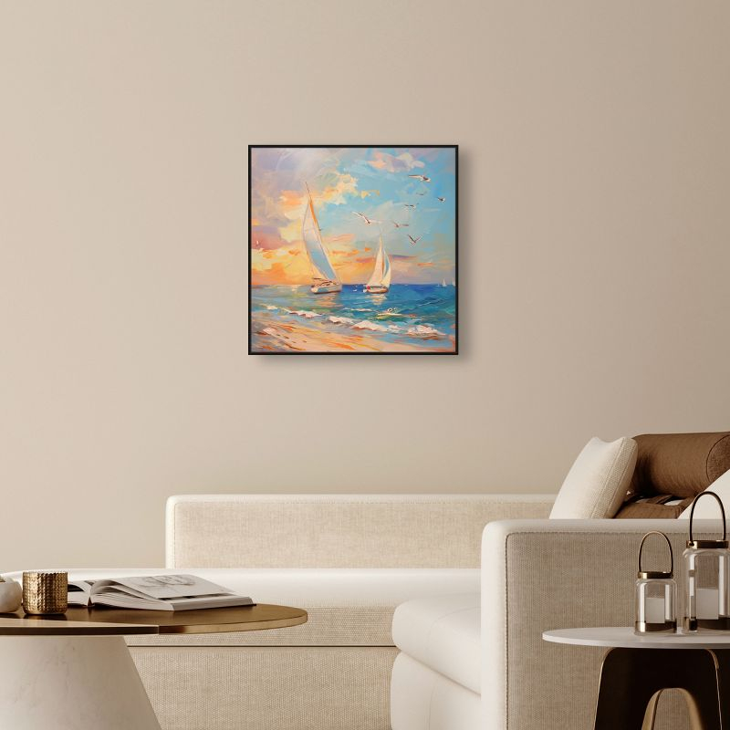 Art Remedy Sailboats in the Sunset Chic Coastal Wall Art, 30" x 30", Black Frame