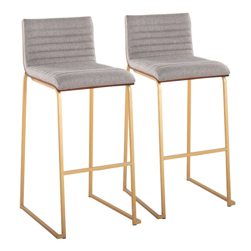 LumiSource Set of 2 Mason Mara Barstools Gold/Walnut/Gray: Upholstered, Fixed Height, Metal Frame