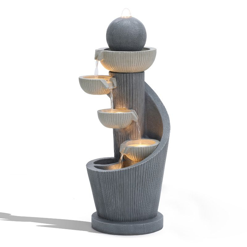 LuxenHome Gray Resin Spiral Sculpture with Bubbler 5-Tier Outdoor Fountain with Lights