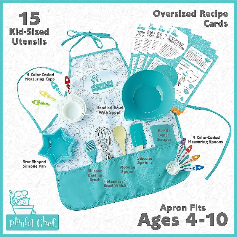 MindWare Playful Chef: Deluxe Kid-Sized Utensils Cooking Set with Apron for Kids – Ages 4 & up – 23 piece set