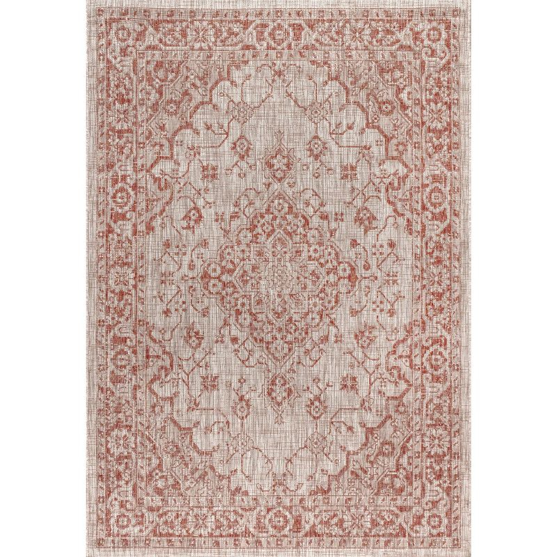 4'x6' Rozetta Boho Medallion Textured Weave Indoor/Outdoor Area Rug, Red/Taupe - JONATHAN Y