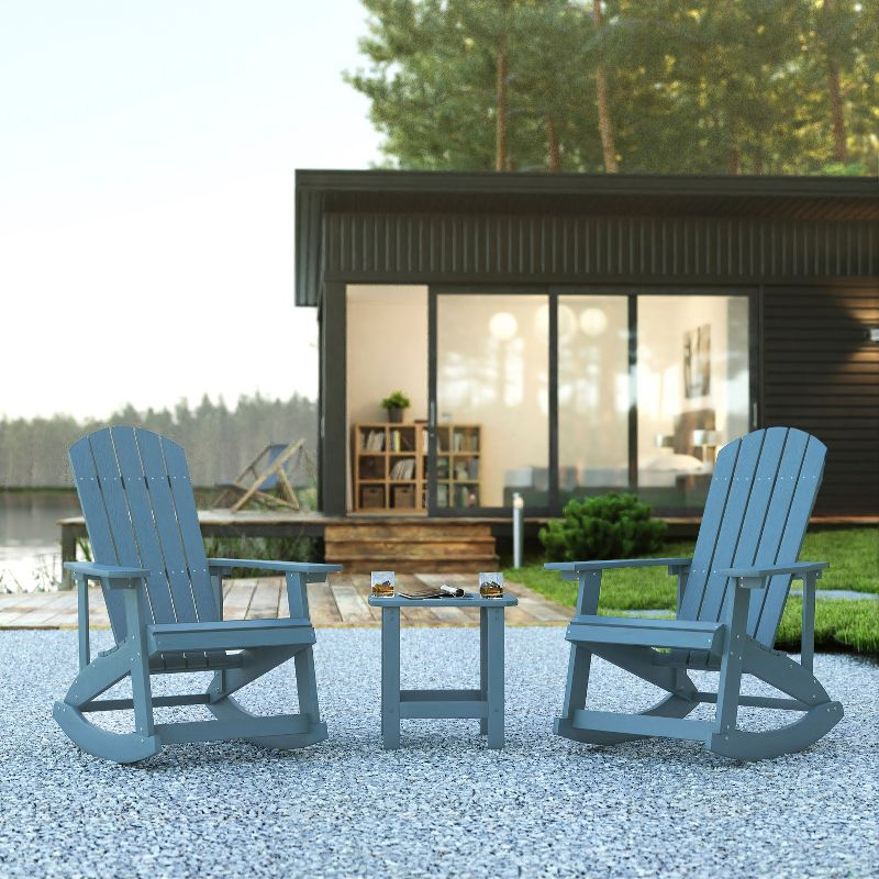 Flash Furniture Set of 2 Savannah All-Weather Poly Resin Wood Adirondack Rocking Chairs with Side Table in Sea Foam