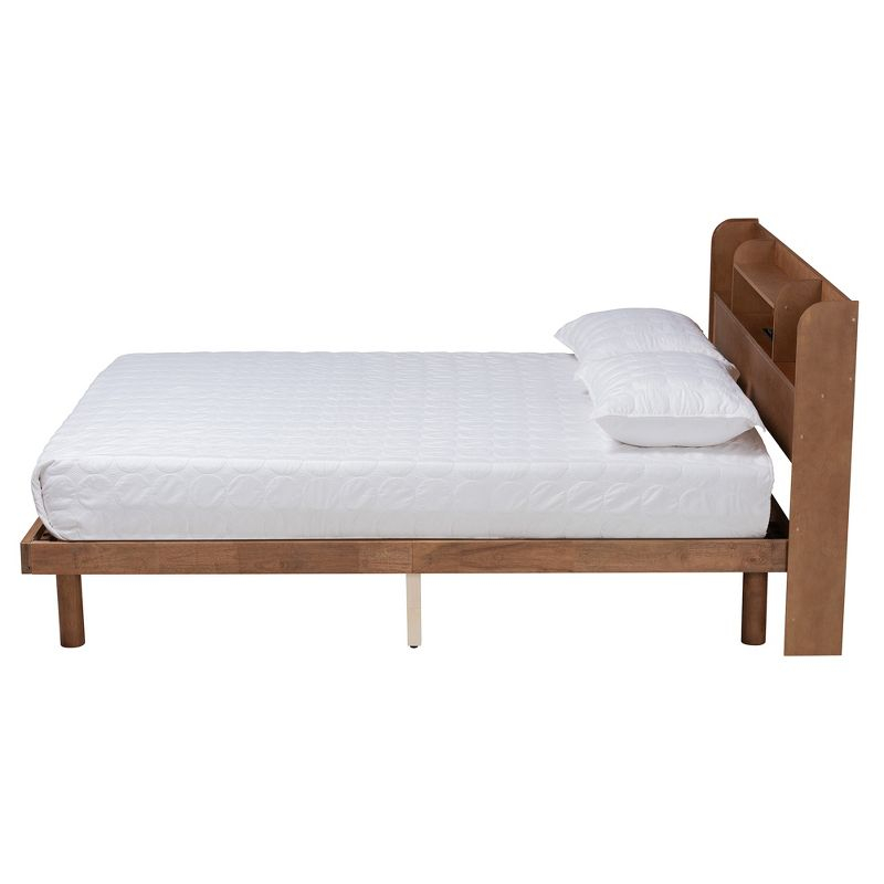 Baxton Studio Harper Mid-Century Modern Transitional Walnut Brown Finished Wood Full Size Platform Bed with Charging Station
