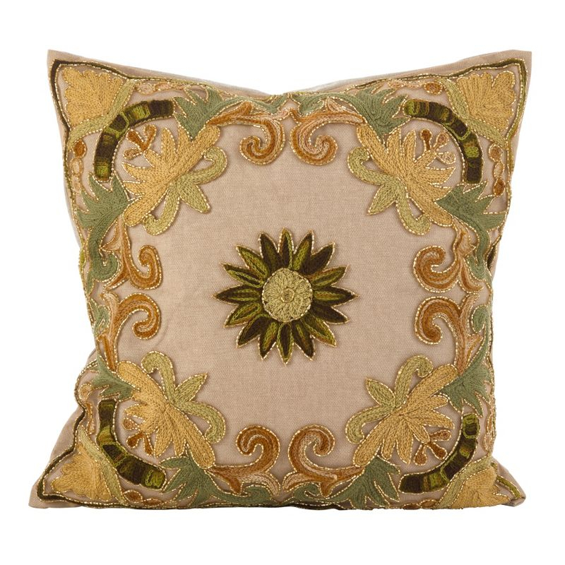 Saro Lifestyle Embroidered Floral Design Beaded Cotton Poly Filled Throw Pillow, Green, 18" x 18"