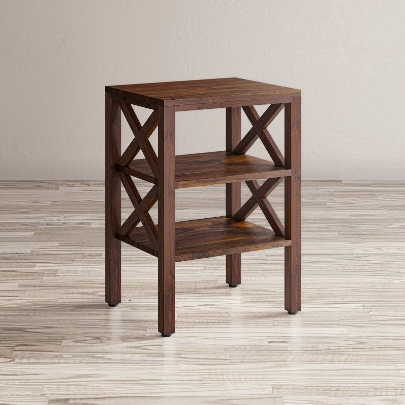 Jofran, Global Archive Solid Wood Rustic Modern X-Side Accent Table with Two Shelves, Red