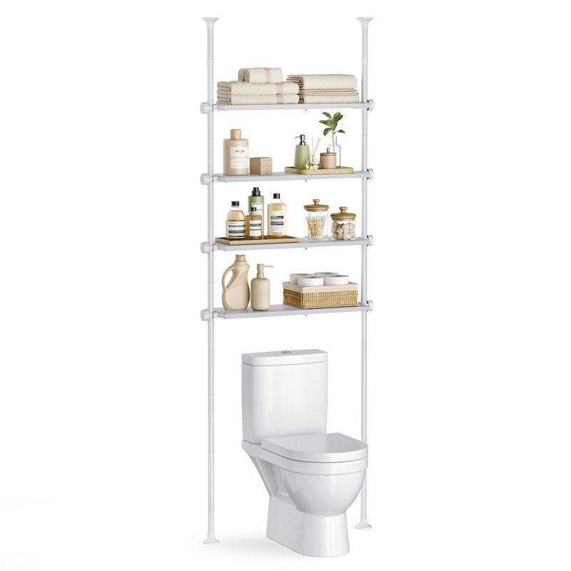 SONGMICS Bathroom Organizer 4-Tier, Over The Toilet Storage Shelf, 4 Height Adjustable and Extendable Shelves, 35.4 to 122.1 Inch Tall,Pearl White