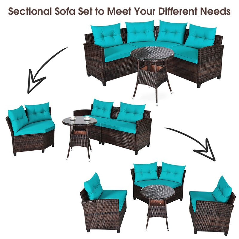 Costway 4PCS Outdoor Patio Rattan Furniture Set Cushioned Sofa Table Turquoise