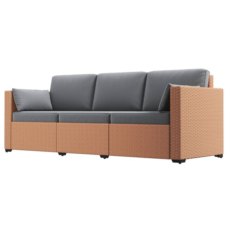 Outsunny Wicker Patio Couch, PE Rattan 3-Seat Sofa, Outdoor Furniture with Deep Seating, Cushions, Steel Frame, Sand