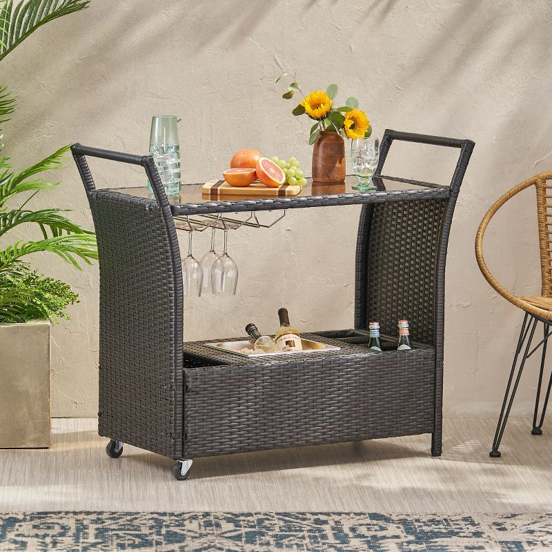 GDFStudio Lourdes Outdoor Wicker and Aluminum Serving Bar Cart, Multibrown