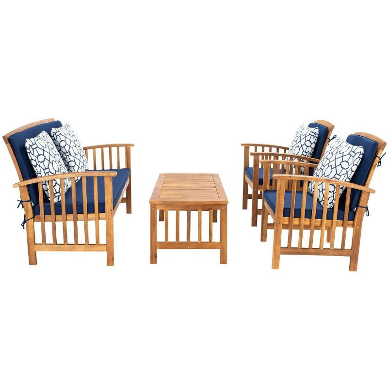 Rocklin 4 Piece Patio Outdoor Conversation Set - Natural/Navy/Blue / White - Safavieh