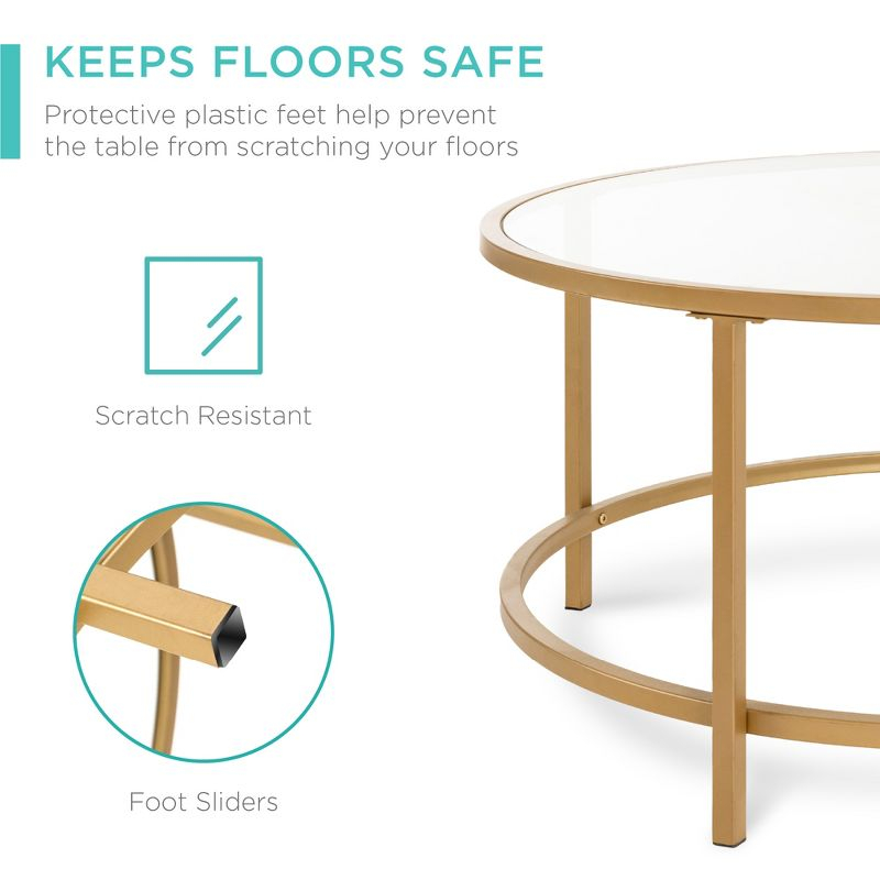 Best Choice Products 36in Round Tempered Glass Coffee Table for Home, Living Room, Dining Room w/ Satin Trim - Gold