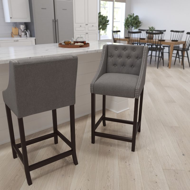 Merrick Lane Upholstered Barstool 30" High Transitional Tufted Walnut Barstool with Accent Nail Trim in Dark Gray Fabric