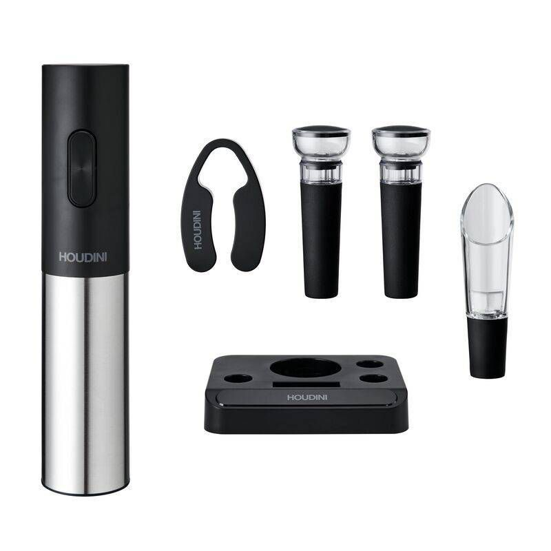Houdini Electric Wine Corkscrew Set: Stainless Steel & ABS, 6-Piece Barware, Battery Operated Wine Opener, Black