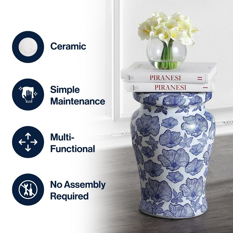 JONATHAN Y Poppies 17.7" Ceramic Garden Stool, White/Blue
