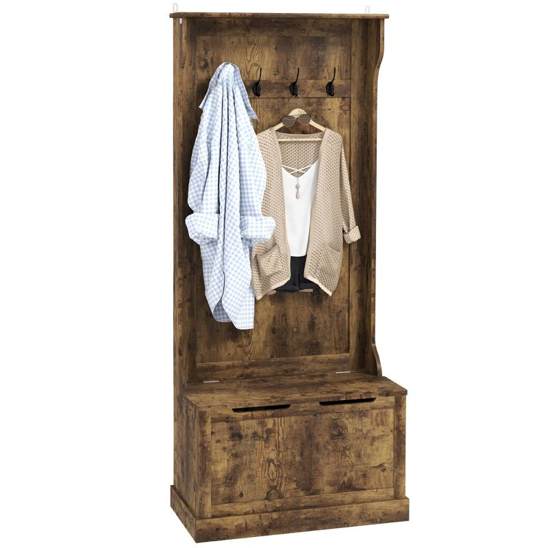 HOMCOM 3-In-1 Entryway Hall Tree with Storage Bench, Coat Rack with Four Hooks, and Shoe Storage, Rustic Brown