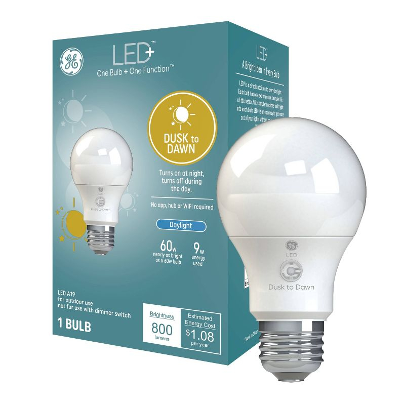GE LED+ Dusk to Dawn A19 LED Light Bulb Daylight: 800 Lumens, 60W Equivalent, Energy Star Certified, E26 Base, 5000K