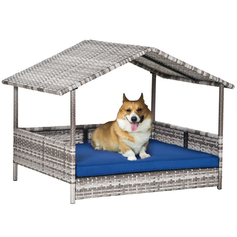 PawHut Wicker Dog House Elevated Raised Rattan Bed for Indoor/Outdoor with Removable Cushion Lounge, Dark Blue