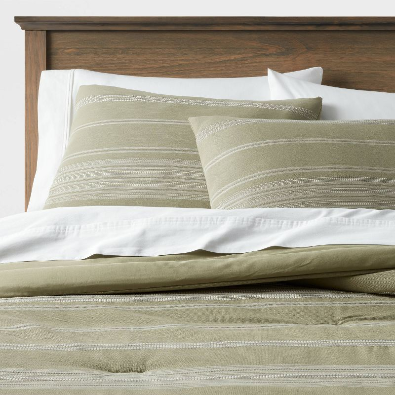 Full/Queen Cotton Woven Stripe Comforter & Sham Set Moss Green/White - Threshold™: OEKO-TEX Certified, Zipper Closure