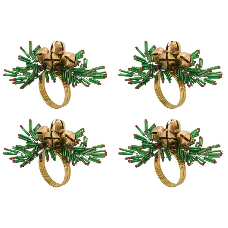 Saro Lifestyle Holiday Napkin Rings With Beaded Snowflake and Bells Design (Set of 4), Green, 4"