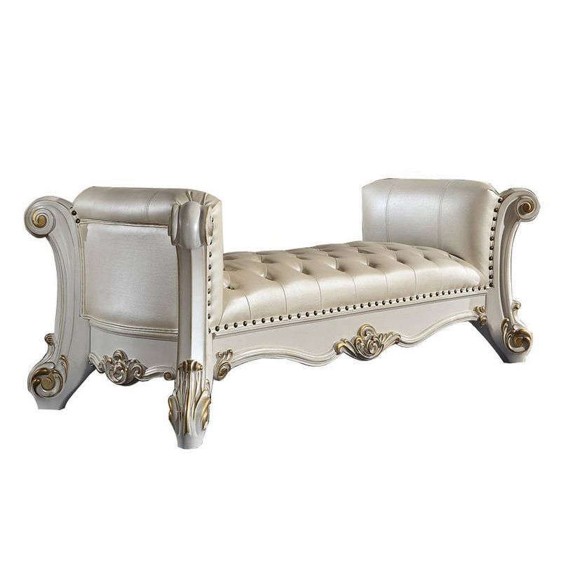 Acme Furniture 74" Vendome Ottoman and Bench Pearl Synthetic Leather and Antique Pearl Finish: Linen Upholstery, Metal Legs, No Tools Assembly