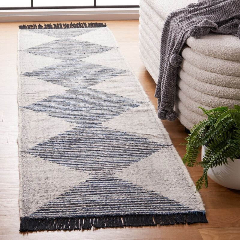 Kilim With Fringes KLM309 Flat Weave Runner Rug - Ivory/Blue - 2'3"x9' - Safavieh