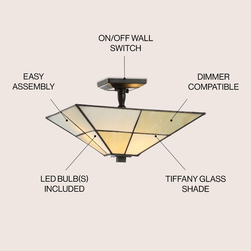 JONATHAN Y Juliana 15.7" Tiffany-Style Glass/Metal LED Semi-Flush Mount, White/Cream