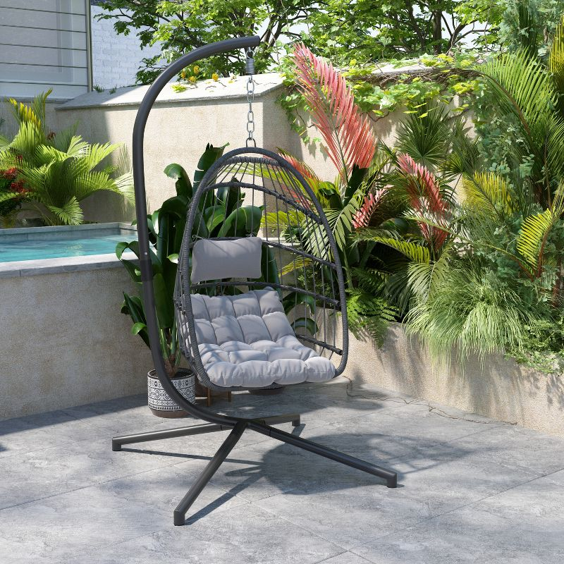 Flash Furniture Cleo Patio Hanging Egg Chair, Wicker Hammock with Soft Seat Cushions & Swing Stand, Indoor/Outdoor Gray Frame-Gray Cushions