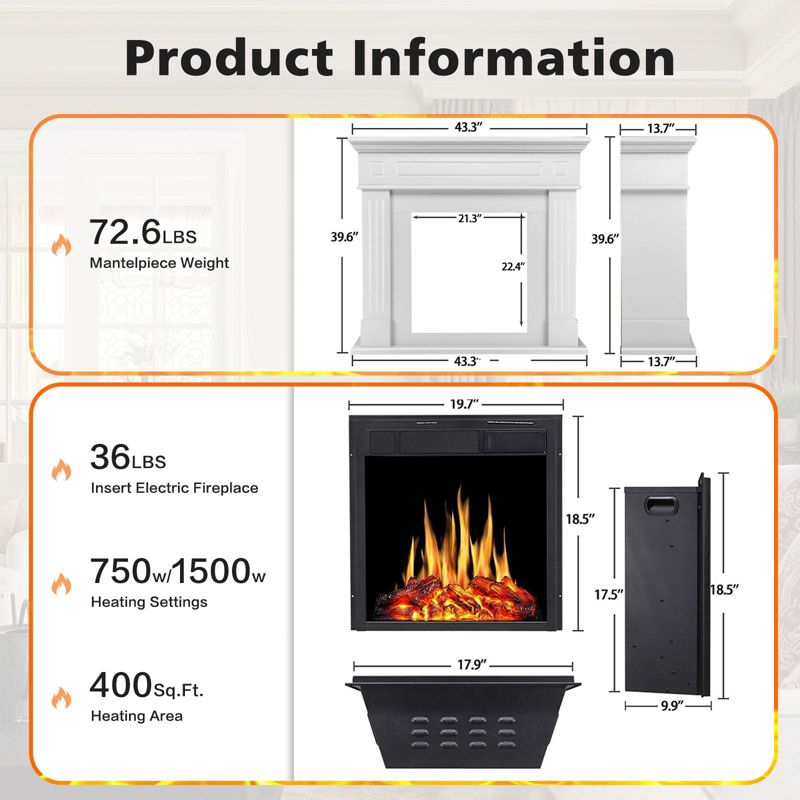 R.W.FLAME 43” Electric Fireplace Mantel, Freestanding Electric Fireplace, Remote Control, Adjustable LED Flame, PEARLWHITE