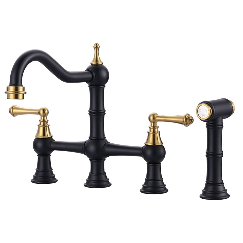 WOWOW Double Handle Bridge Kitchen Faucet with Side Sprayer in Gold and Black