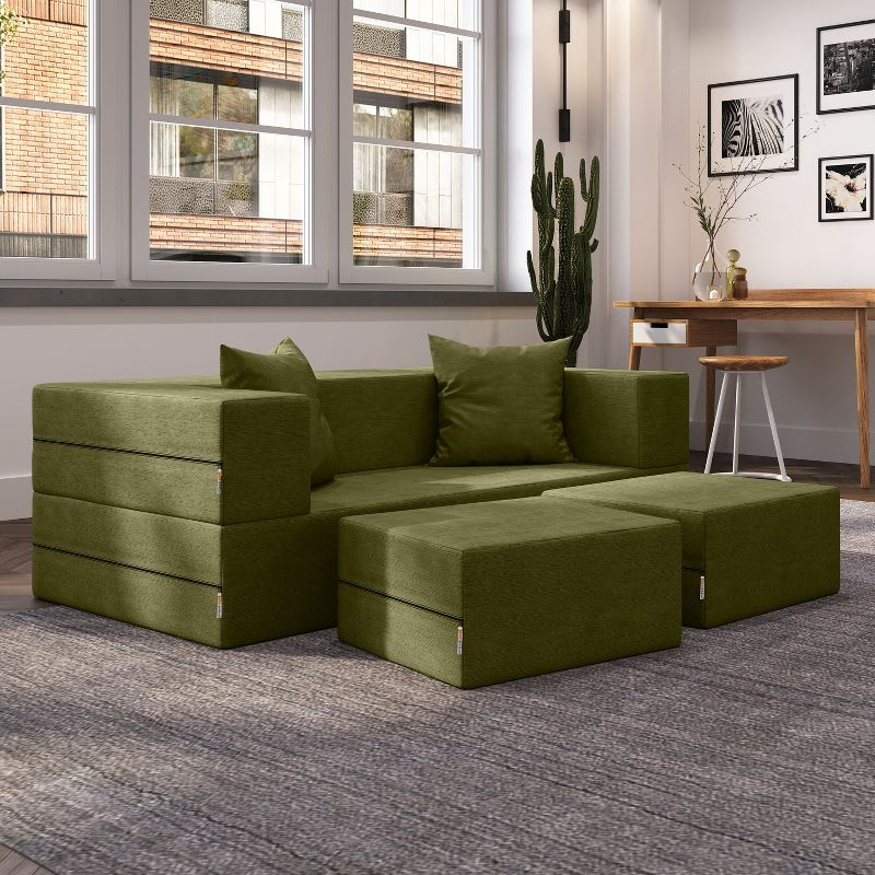 Jaxx Zipline Convertible Sleeper Loveseat & Ottomans, Textured Microvelvet - Moss