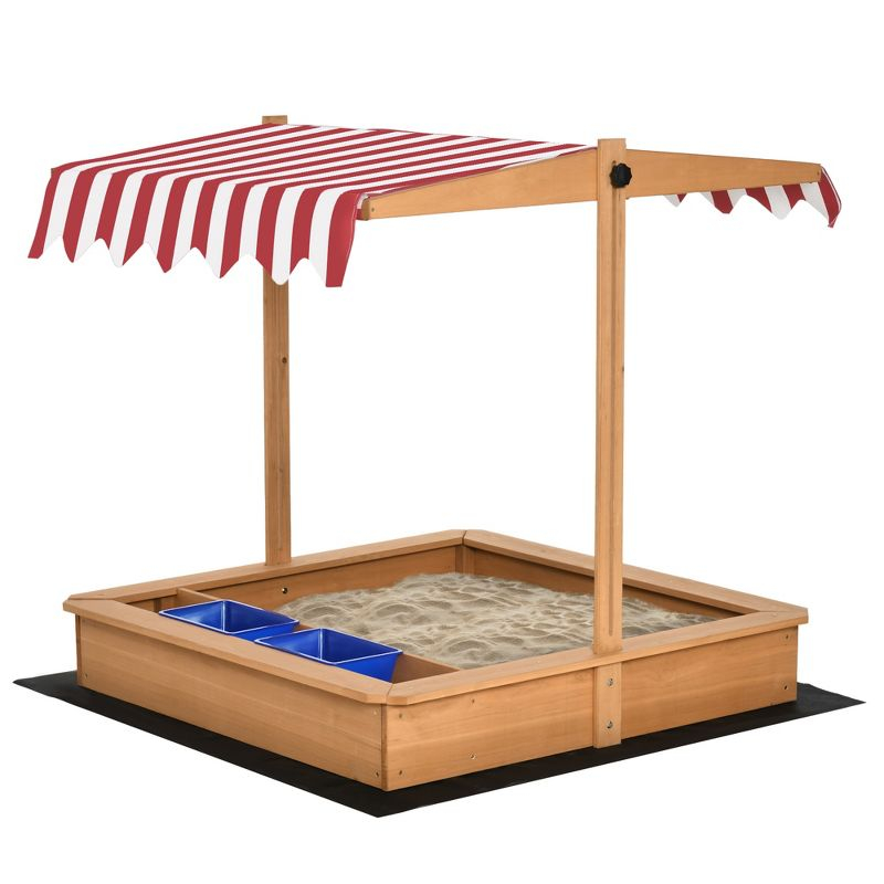 Outsunny Kids Wooden Sandbox, Children Sand Play Station Outdoor, with Adjustable Height Cover, Bottom Liner, Seat, Plastic Basins, Boys and Girls