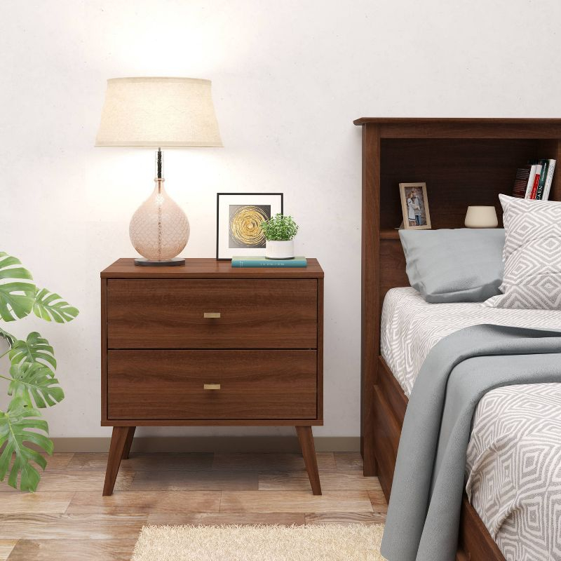 Milo Mid Century Modern 2 Drawer Nightstand Cherry - Prepac: Brushed Brass Knobs, Tapered Legs