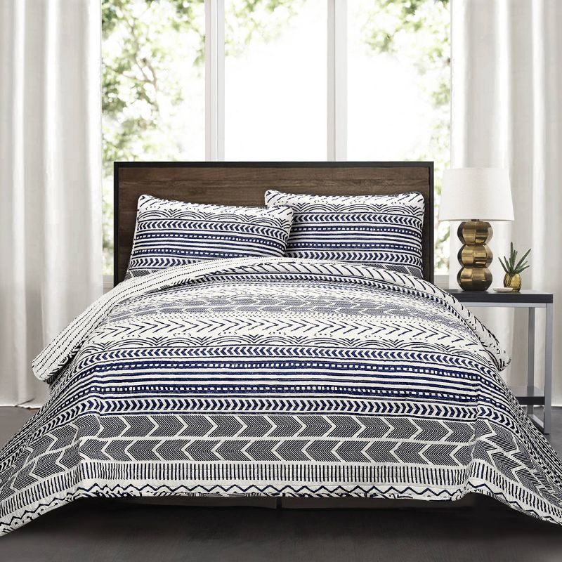 Lush Décor 3pc King Hygge Geo Reversible Quilt & Sham Set Navy/White: STANDARD 100 OEKO-TEX Certified