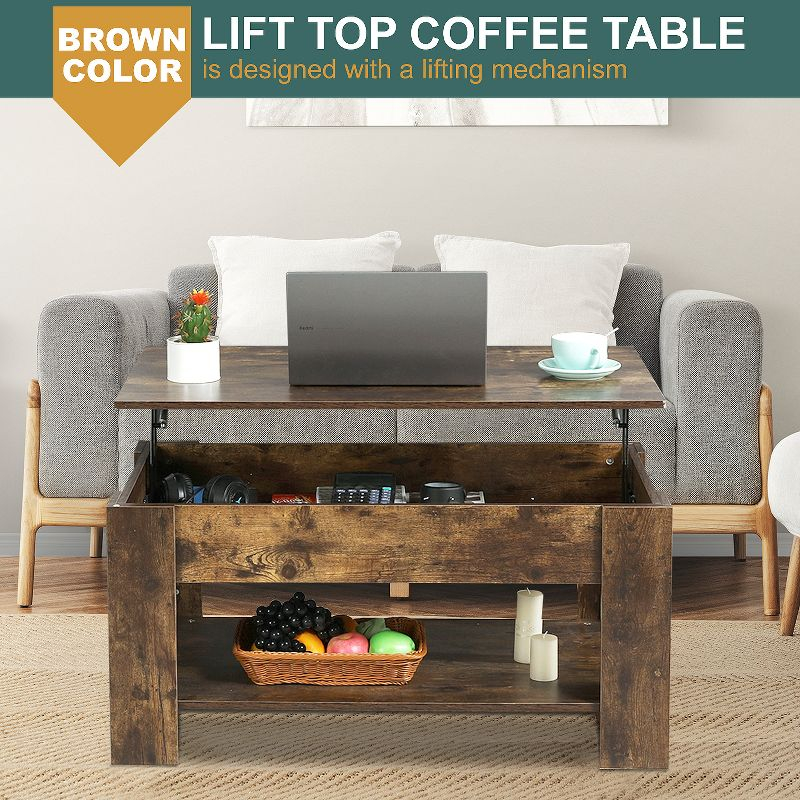 FDW Coffee Tables with Hidden Compartment and Storage Shelf Wooden Lift Tabletop Dining Table for Living Room Home (Brown)