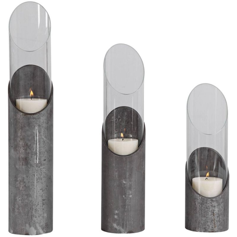 Uttermost Karter Raw Iron Angular Pillar Candle Holders Set of 3