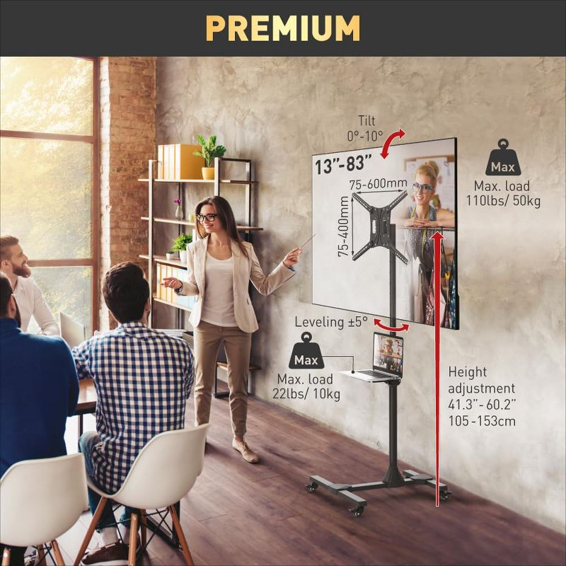 Barkan 13" - 83" Mobile TV Mount Cart with Metal Shelf, Tilt & Height Adjustment