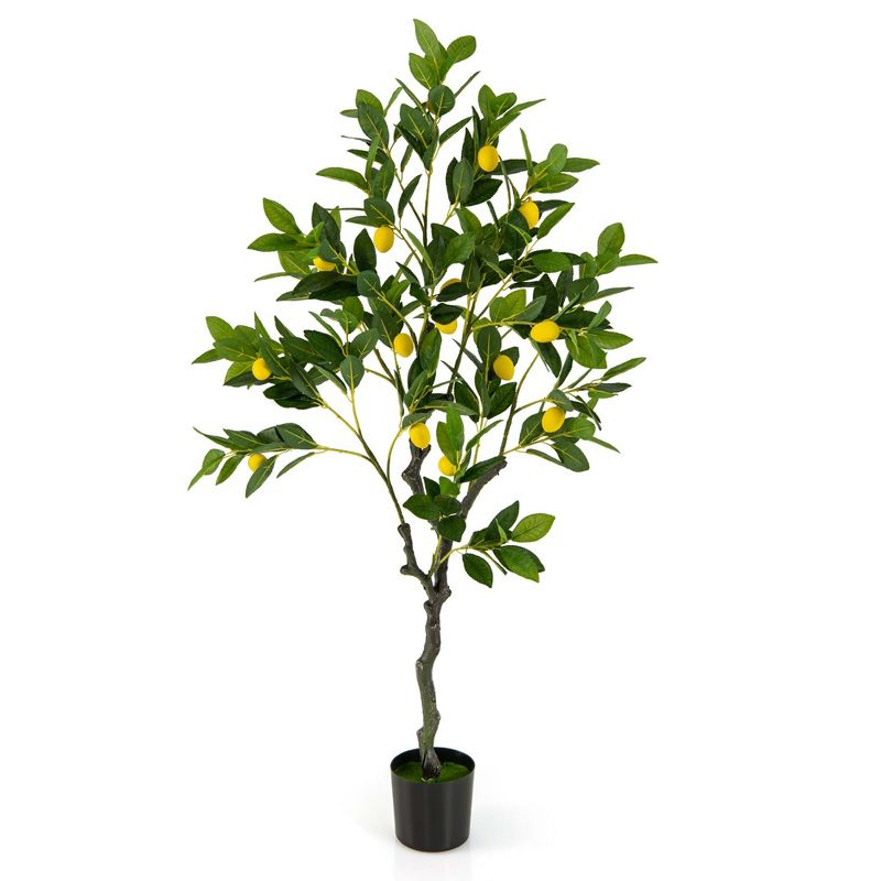 Costway 1 PCS 4 FT Tall Artificial Lemon Tree with Lemon Fruits, Cement Pot for Porch, Office