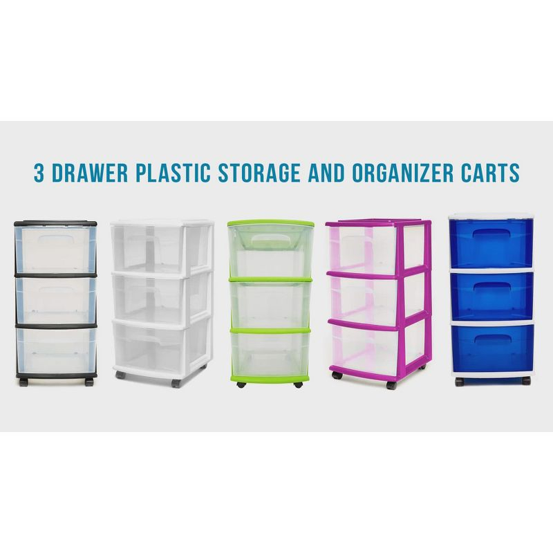 HOMZ Drawer Tower, 3-Tier Clear Plastic Storage Organizer Cart, White Frame - Heavy-Duty Organizing Drawers for Home, Bedroom, and Closet Organization