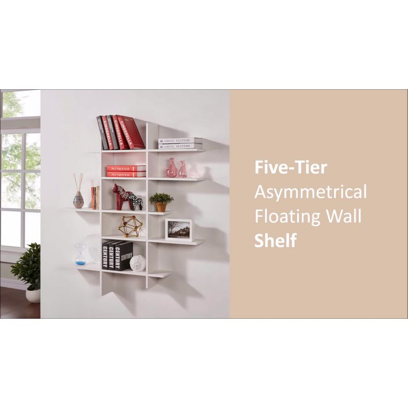 Danya B. 51" x 45" Five Tier Asymmetric Shelf White - Laminated, Interlocking, MDF Composite